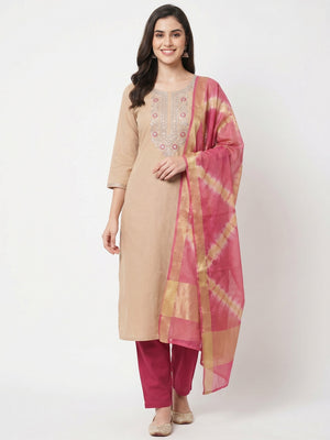 Chikoo Floral Embroidered Pure Cotton Dress Material - Image 1