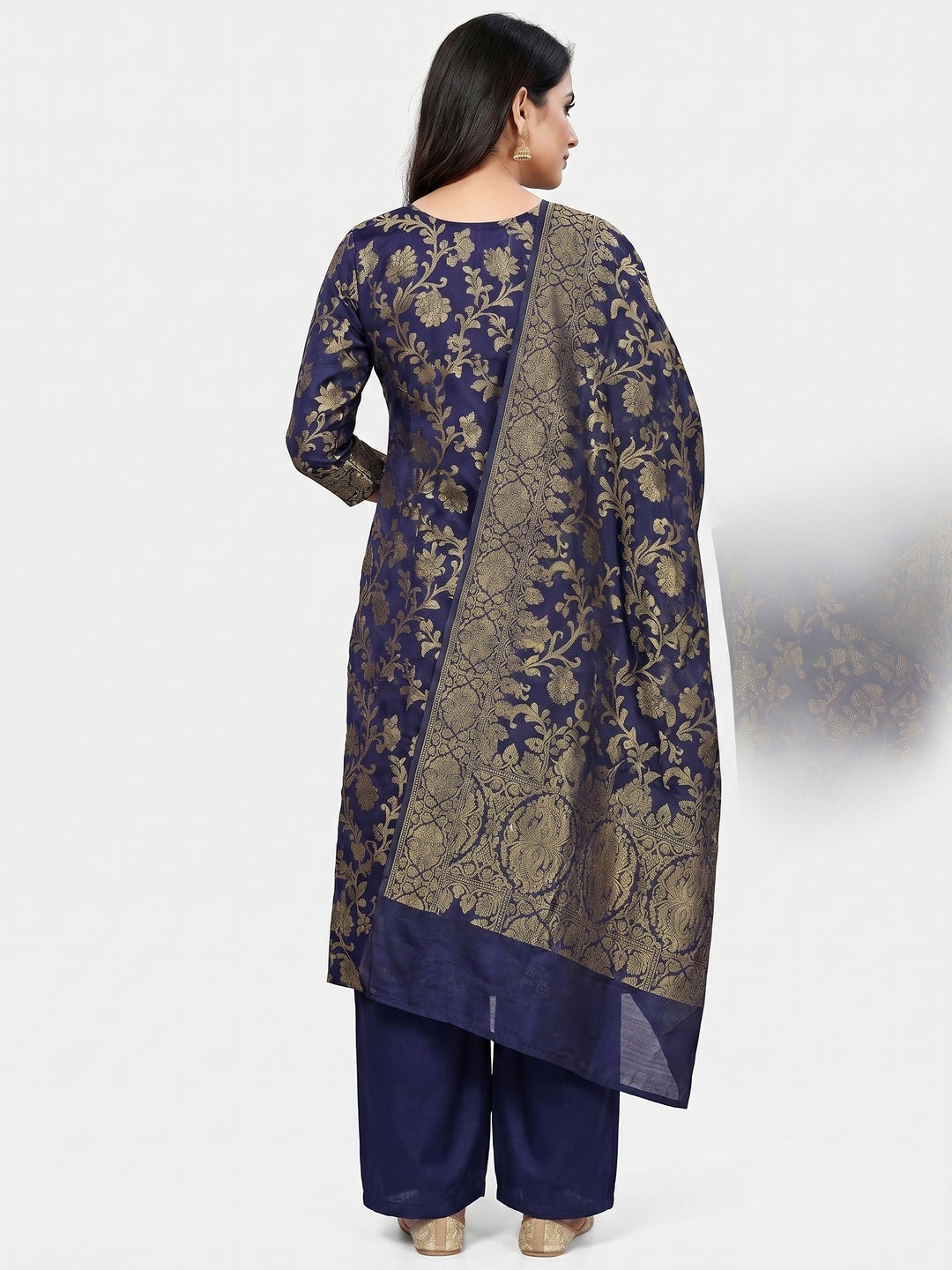 Navy Blue Floral Woven Banarasi Silk Dress Material - Image 3