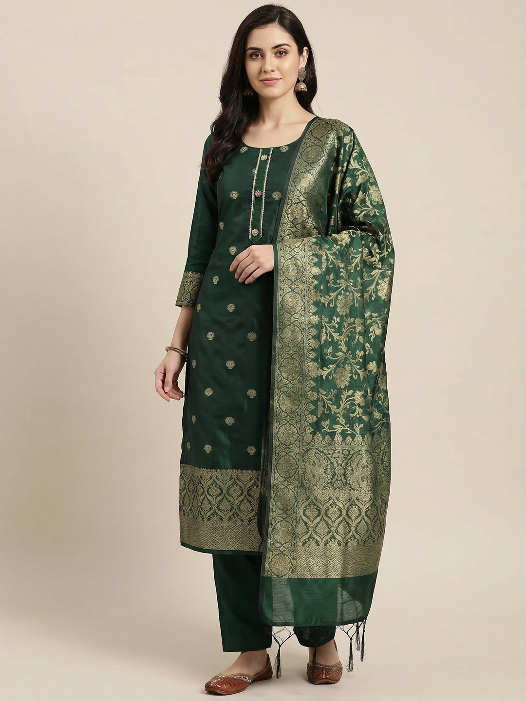 Green Floral Woven Banarasi Silk Dress Material - Image 1