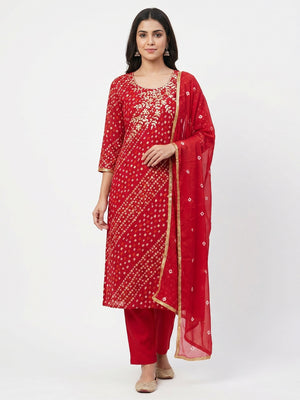 Red Printed With Handwork Pure Cotton Dress Material - Image 1