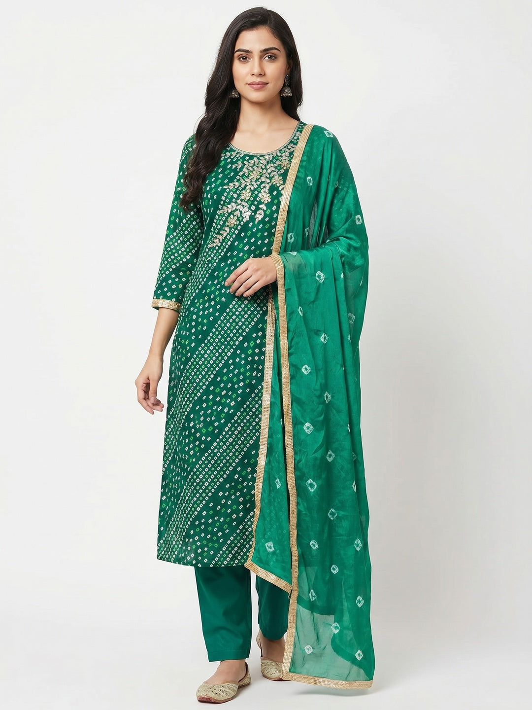 Green Printed With Handwork Pure Cotton Dress Material - Image 1