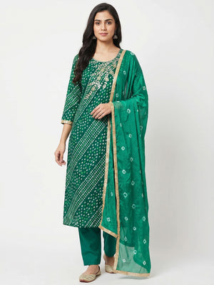 Green Printed With Handwork Pure Cotton Dress Material - Image 1