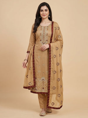 Chikoo Floral Printed With Embroidery Modal Dress Material - Image 1