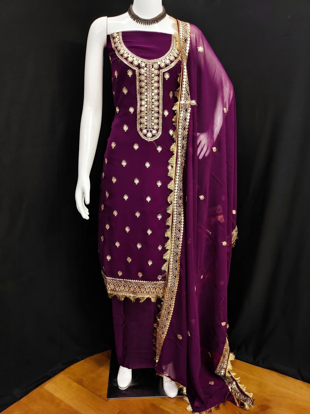 Purple Embroidered Georgette Dress Material - Image 1
