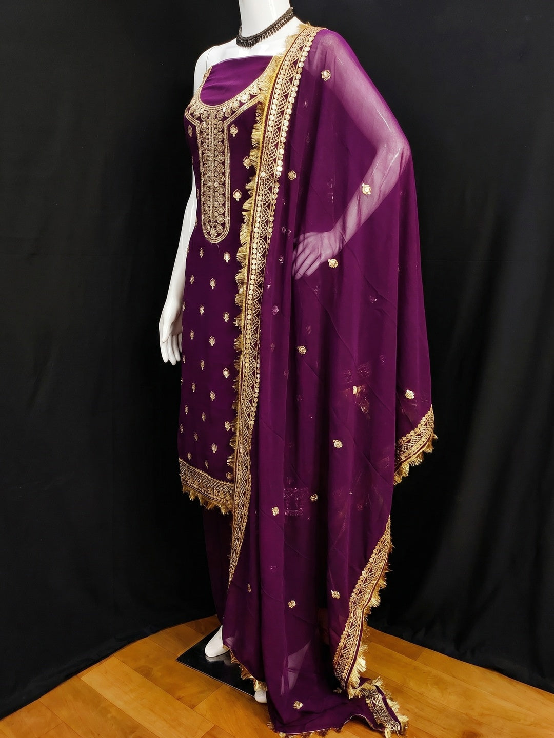 Purple Embroidered Georgette Dress Material - Image 3
