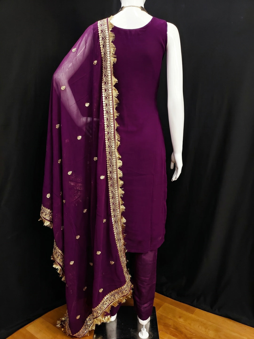 Purple Embroidered Georgette Dress Material - Image 2