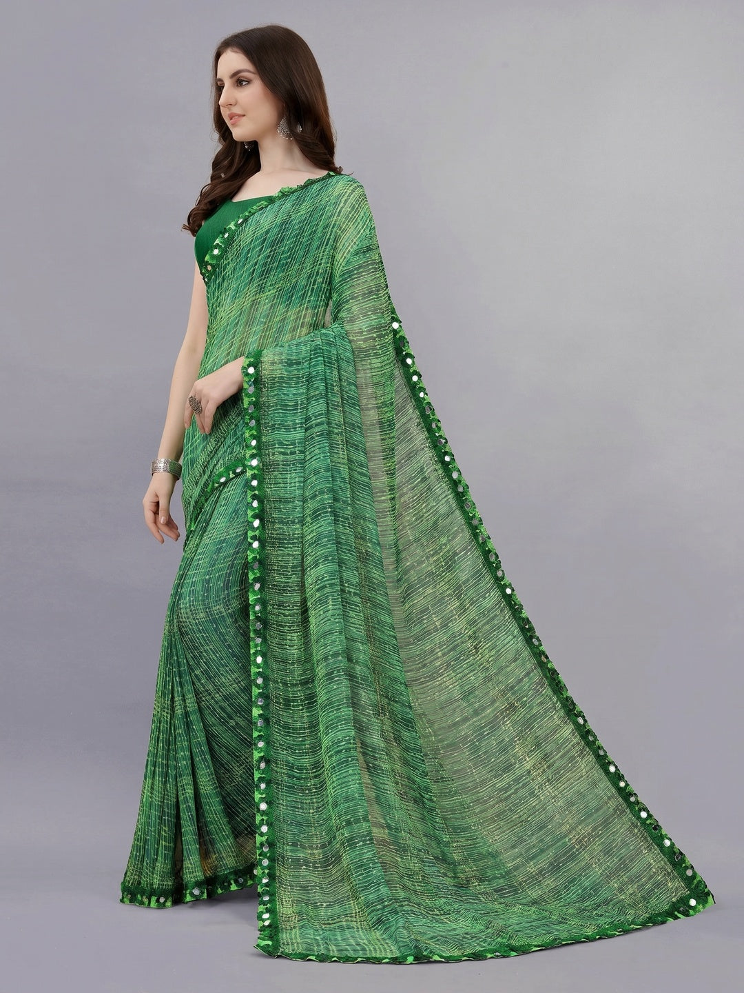 Green Floral Printed Georgette Saree - Image 1