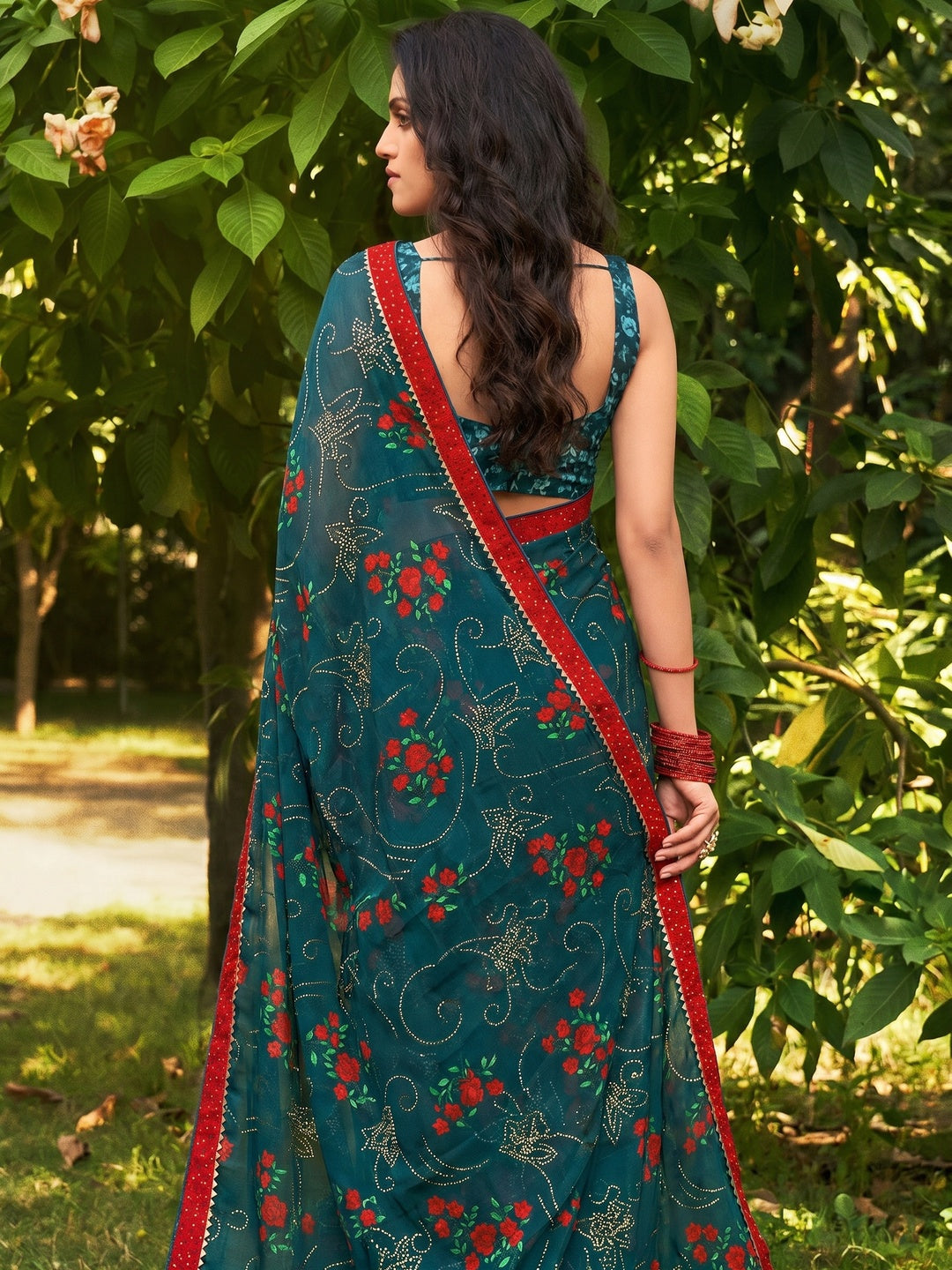 Teal Blue Floral Foil Printed Chiffon Saree - Image 1
