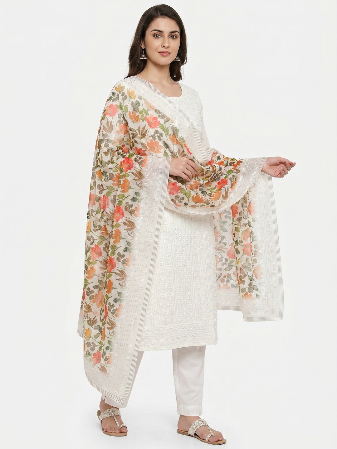 White Sequins Embroidered Cotton Blend Dress Material - Image 1