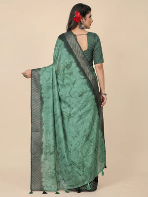 Turquoise Printed Cotton Silk Saree With Zari Border - Image 1