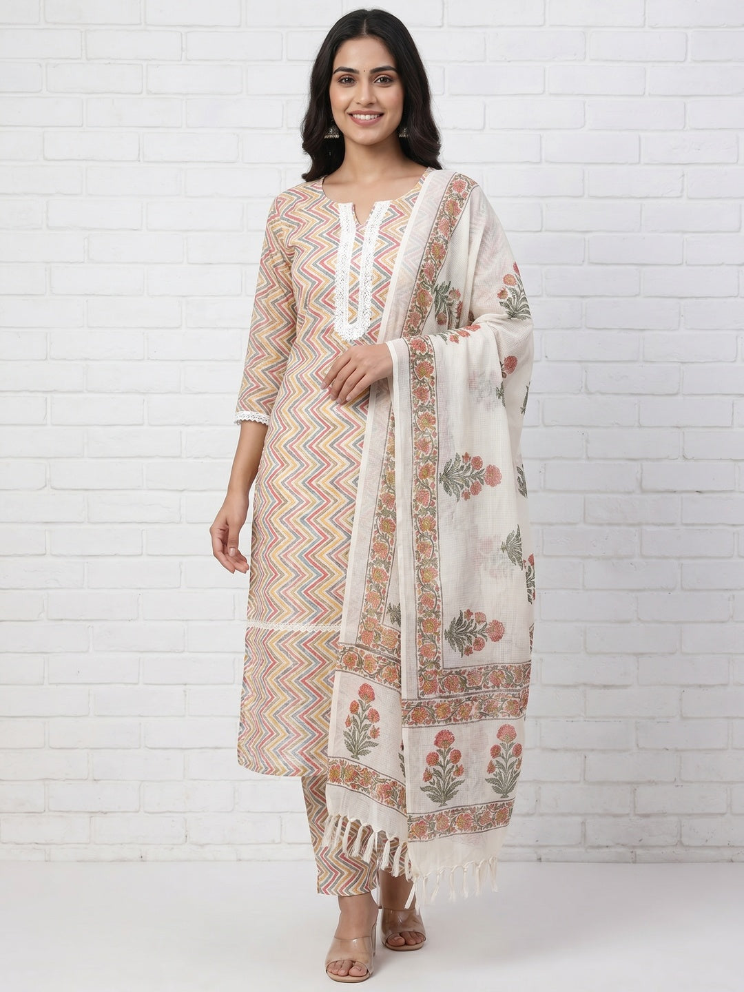 Off White Printed Kota Doria Dress Material - Image 1
