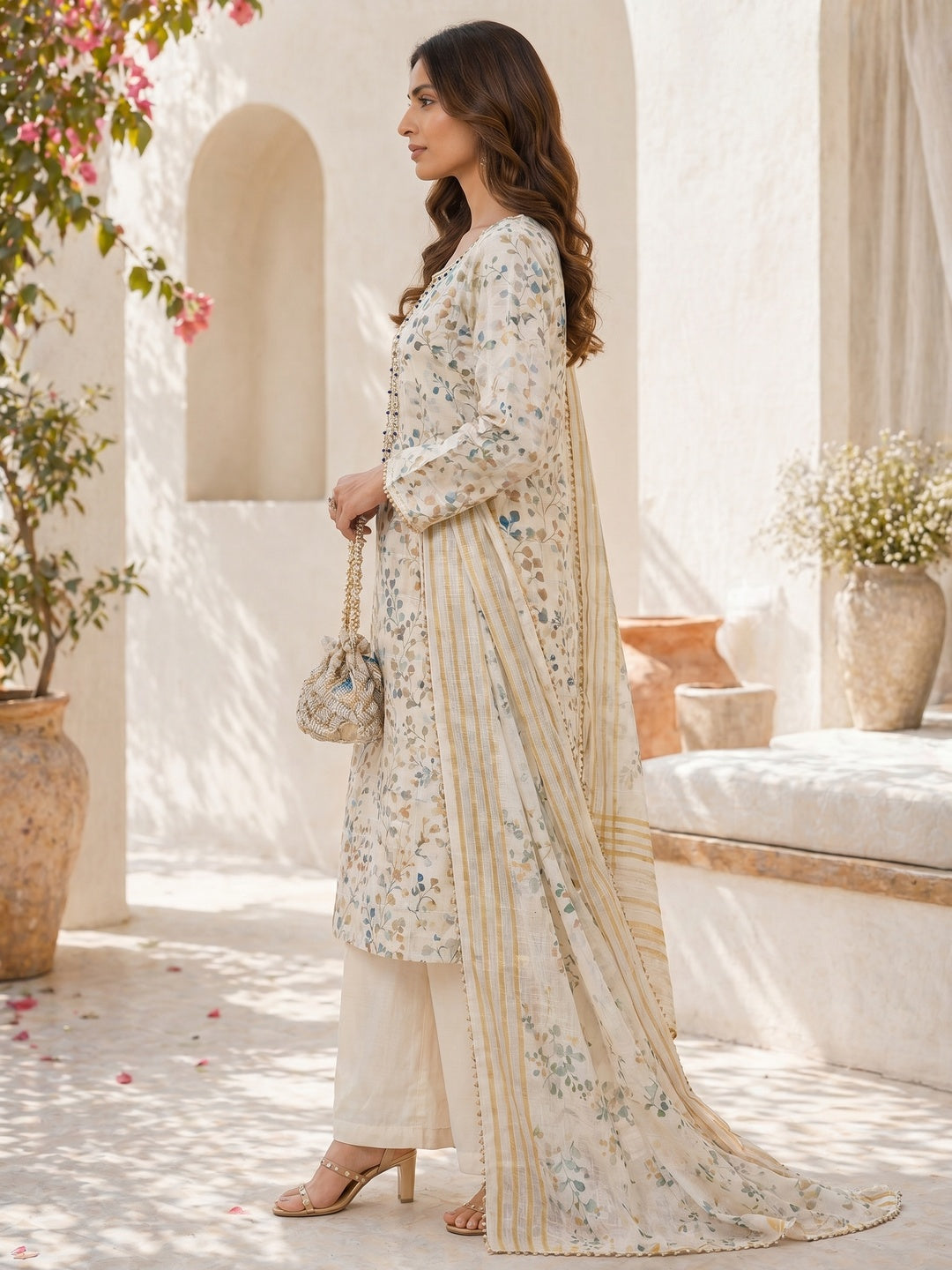 Cream Floral Printed Linen Dress Material - Image 2
