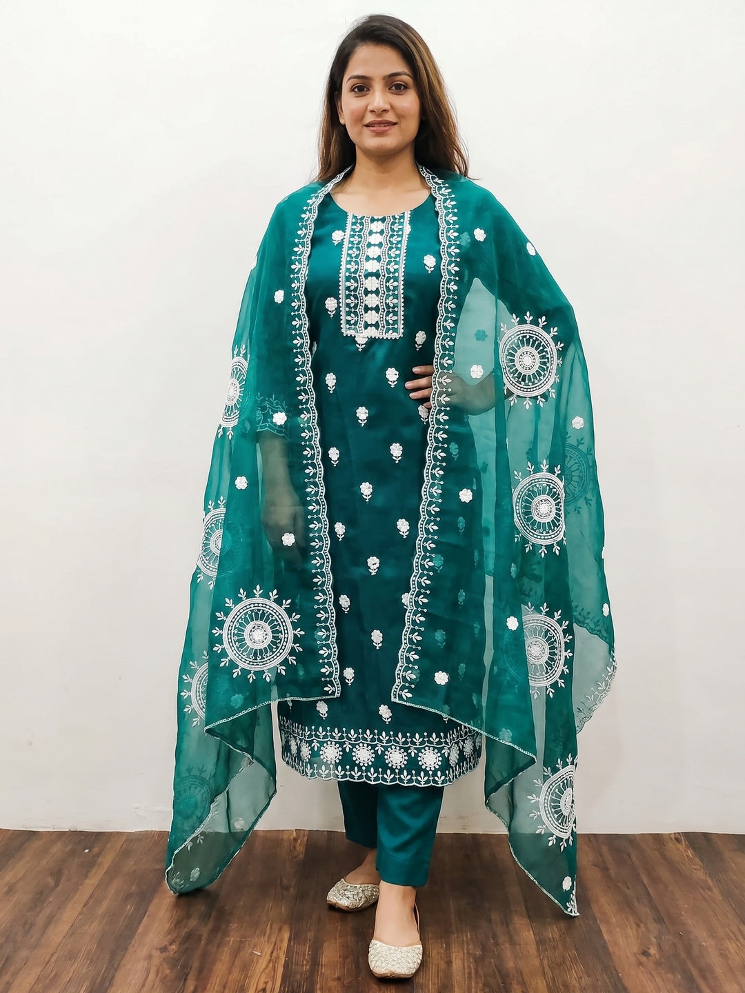 Teal Blue Floral Embroidered Organza Dress Material - Image 1