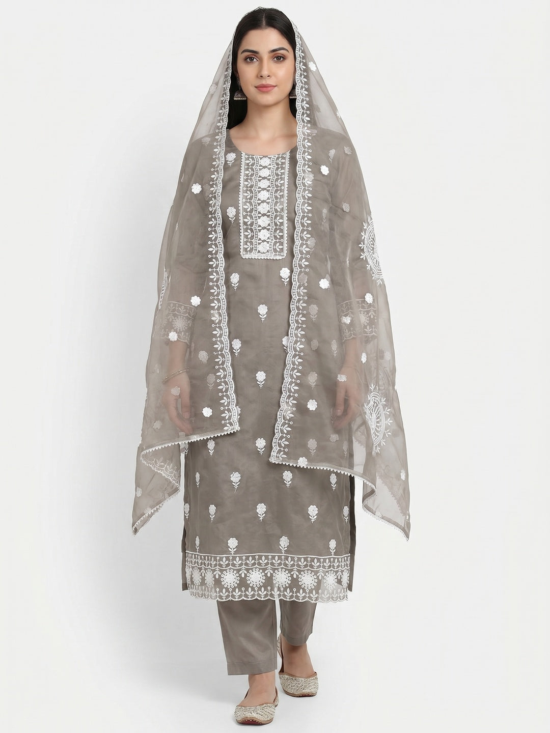 Grey Floral Embroidered Organza Dress Material - Image 1