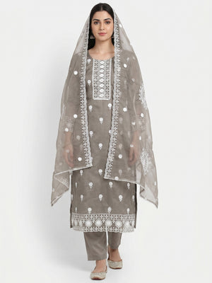 Grey Floral Embroidered Organza Dress Material - Image 1