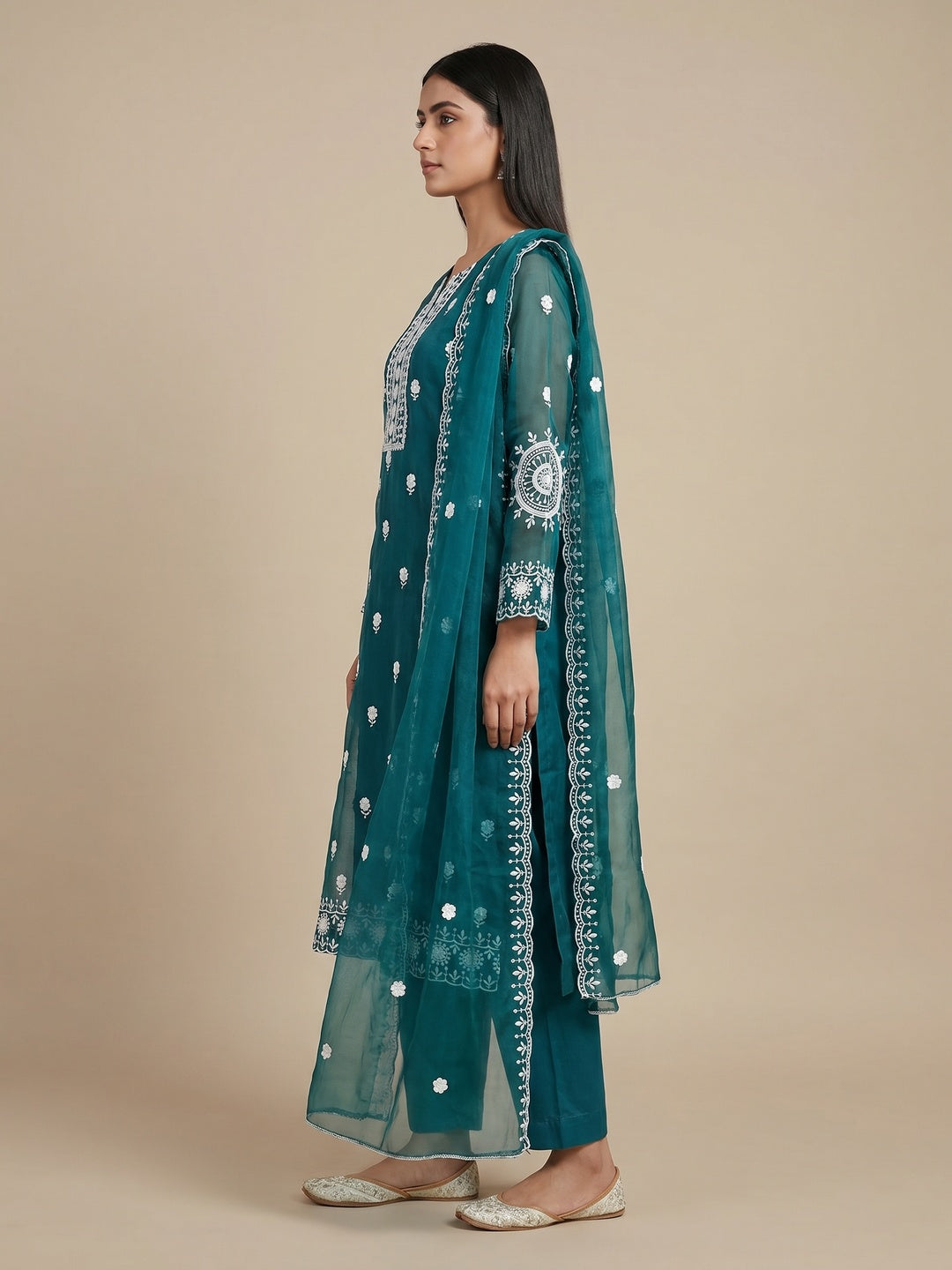 Teal Blue Floral Embroidered Organza Dress Material - Image 2