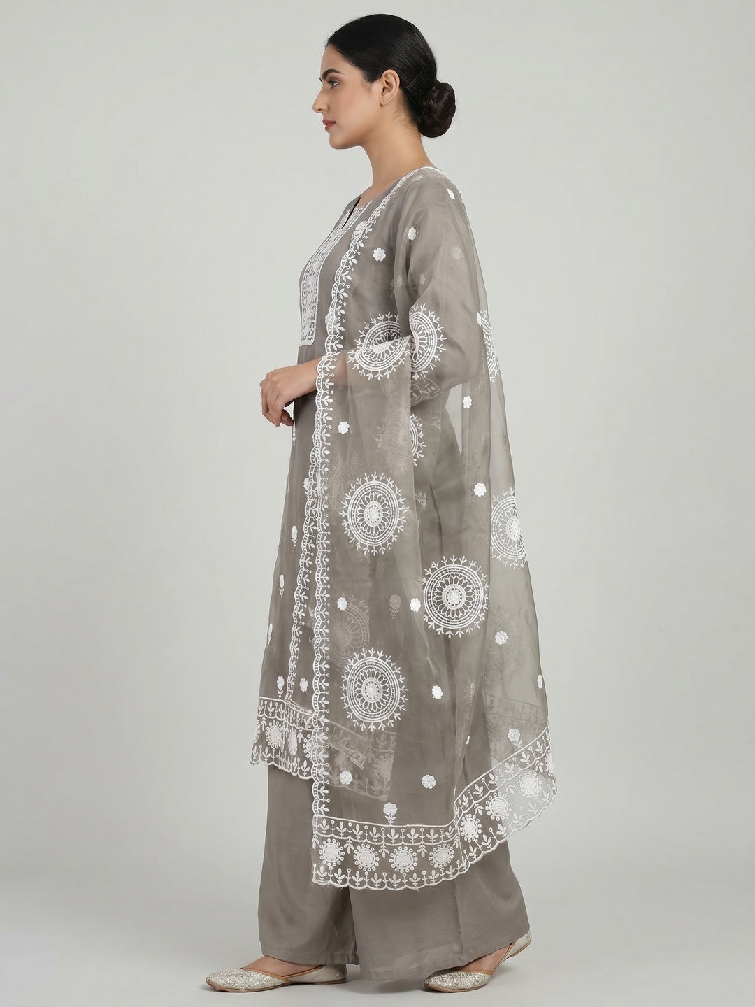 Grey Floral Embroidered Organza Dress Material - Image 2