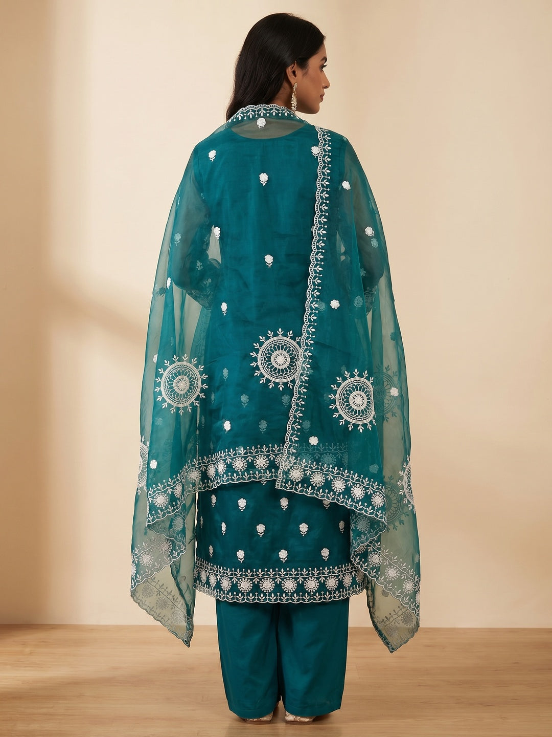 Teal Blue Floral Embroidered Organza Dress Material - Image 3