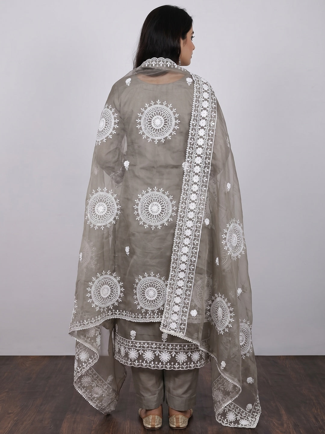 Grey Floral Embroidered Organza Dress Material - Image 3