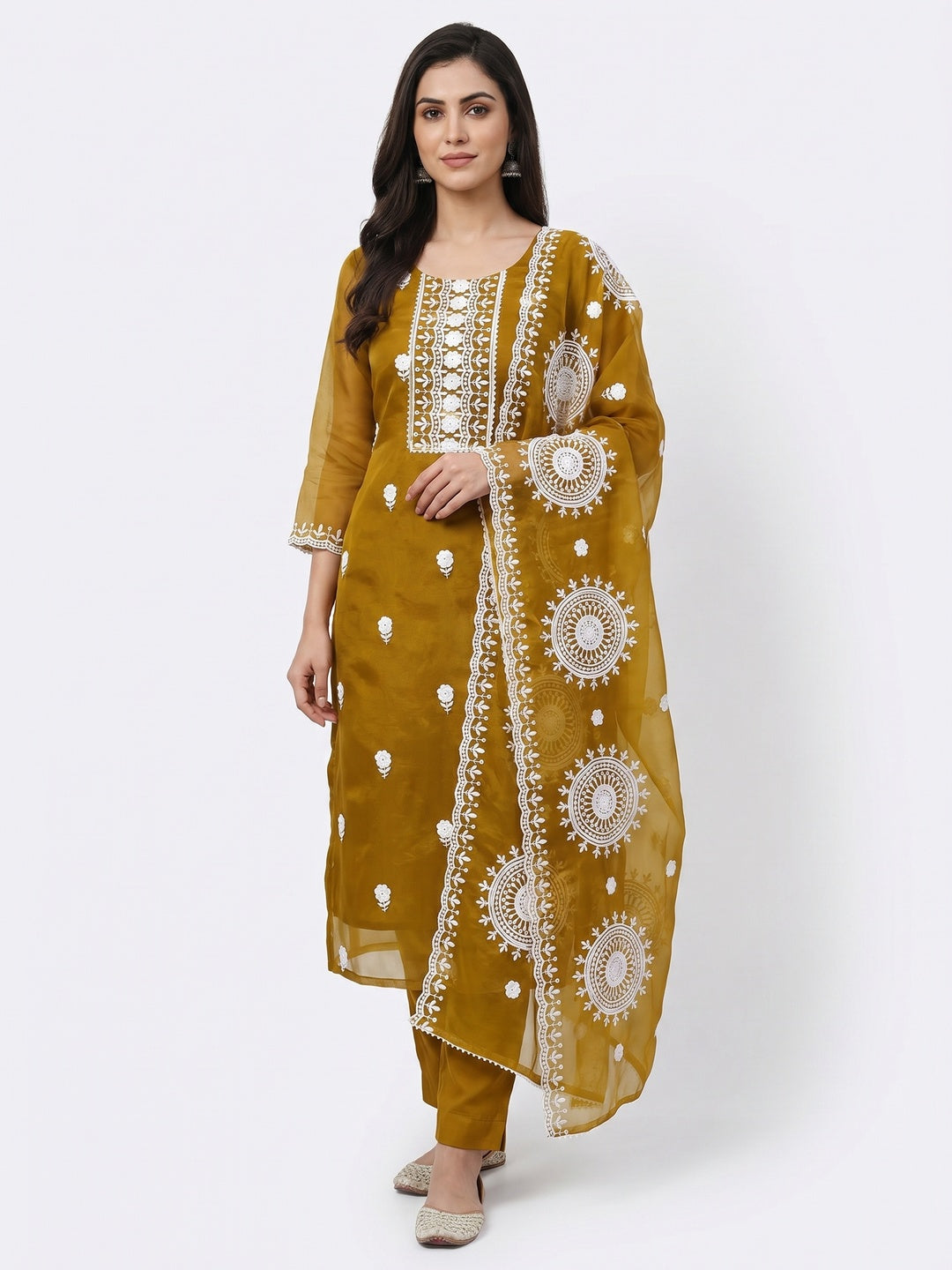 Dark Mustard Floral Embroidered Organza Dress Material - Image 1