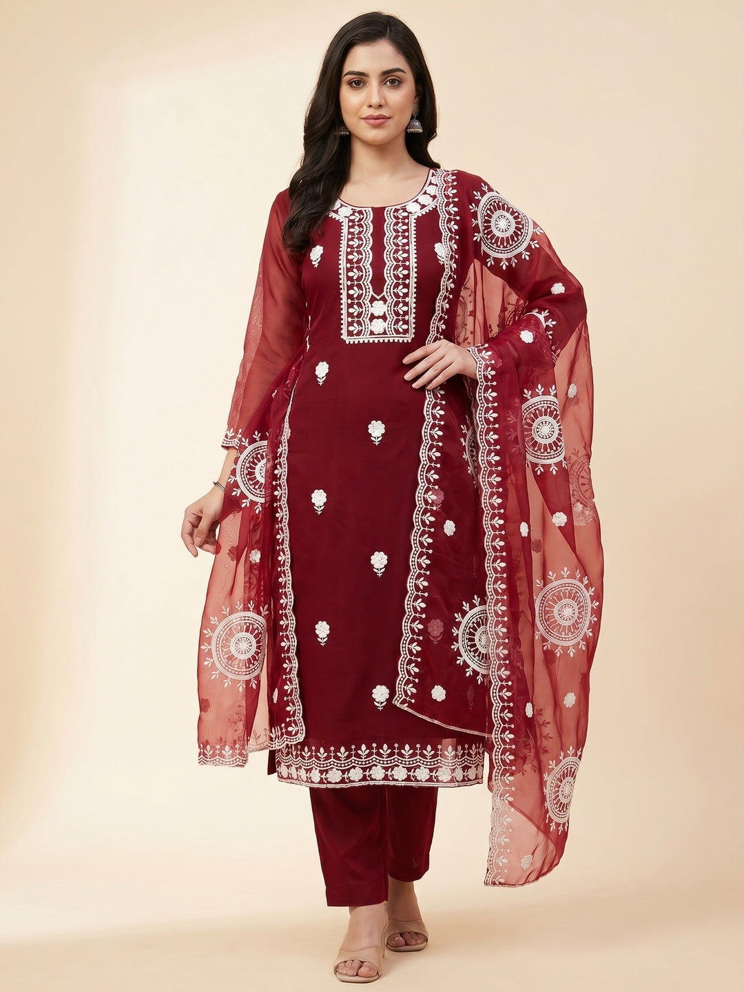 Maroon Floral Embroidered Organza Dress Material - Image 1