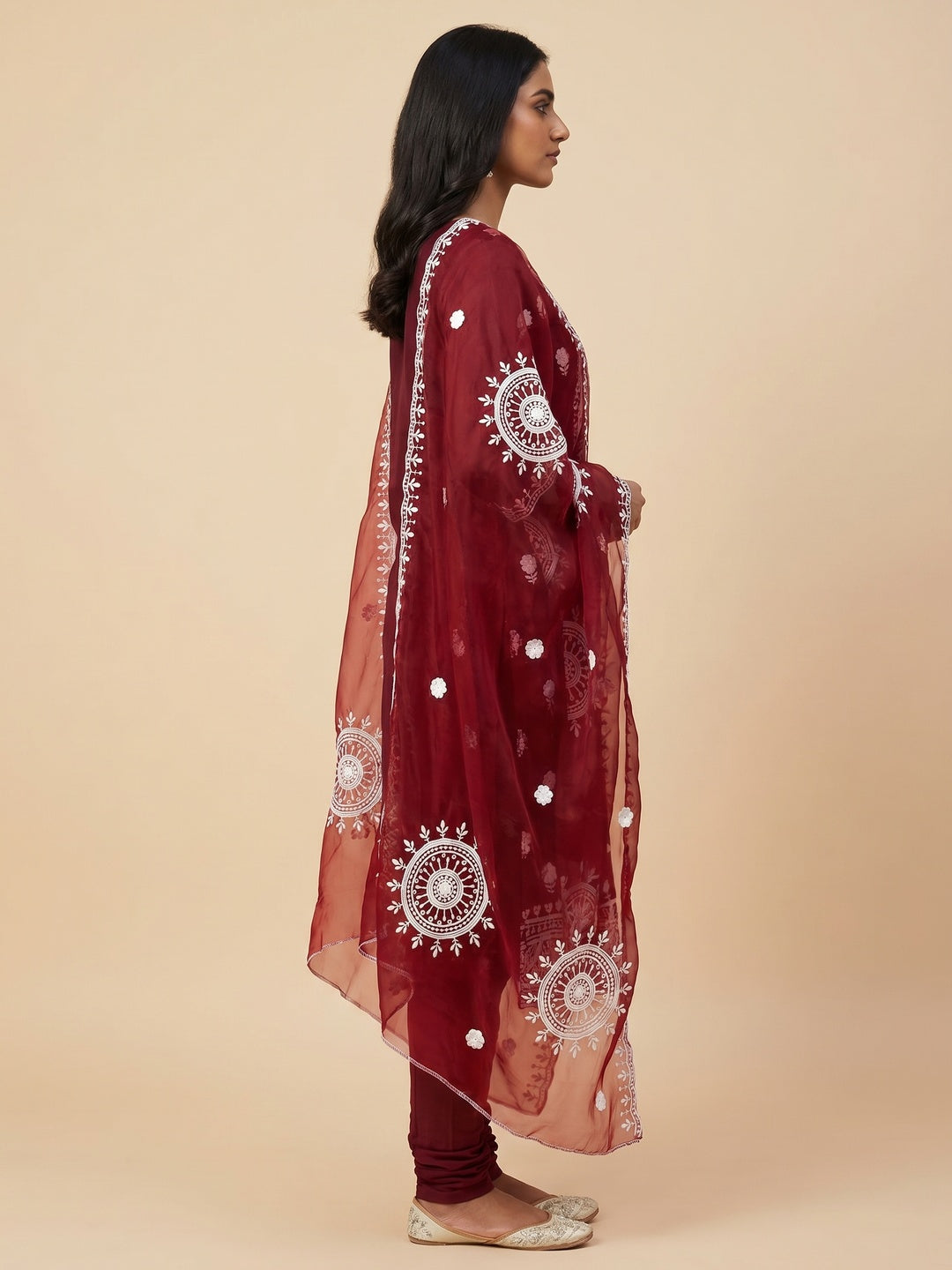 Maroon Floral Embroidered Organza Dress Material - Image 3