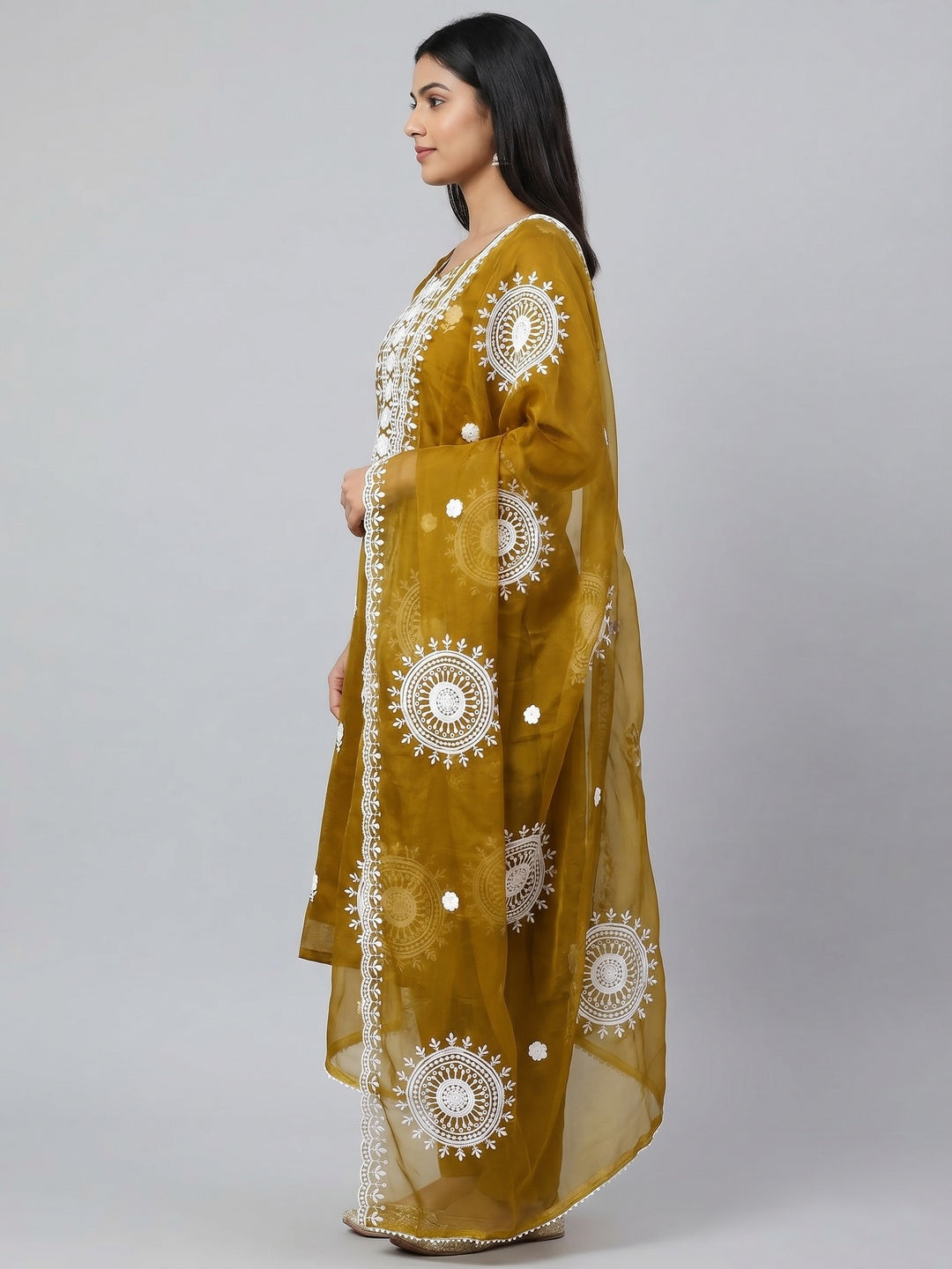 Dark Mustard Floral Embroidered Organza Dress Material - Image 3