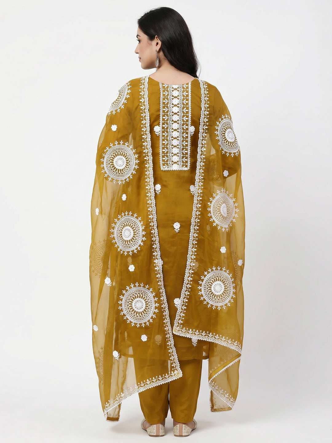 Dark Mustard Floral Embroidered Organza Dress Material - Image 2