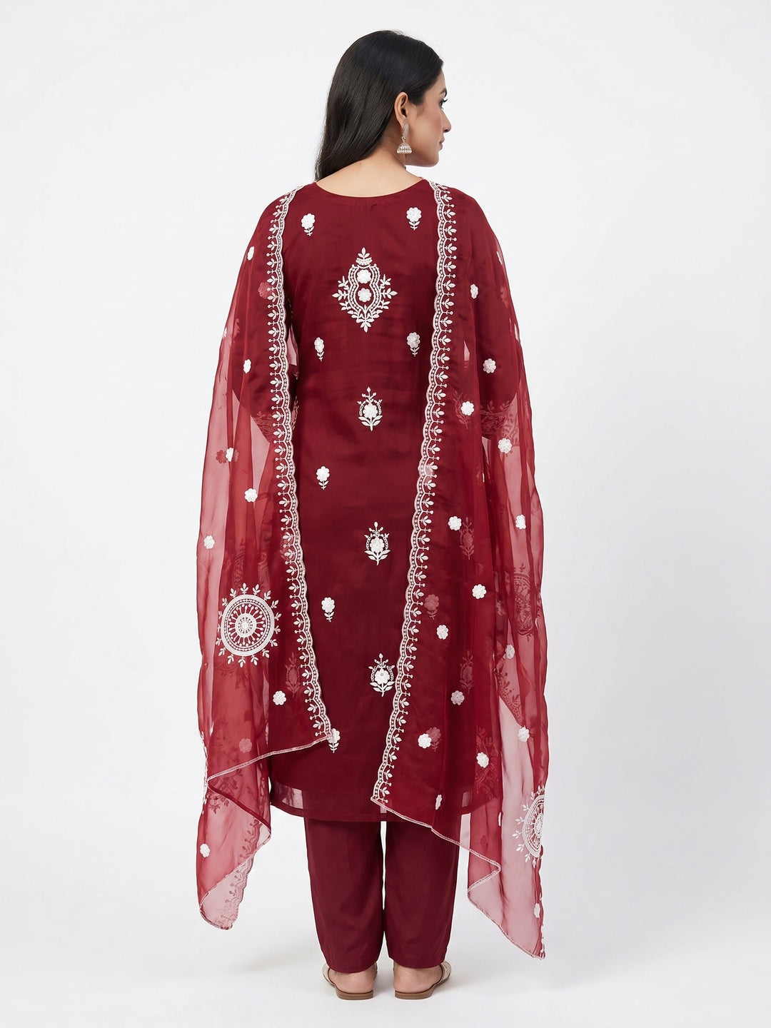 Maroon Floral Embroidered Organza Dress Material - Image 2