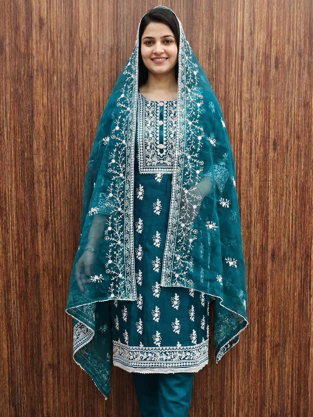 Teal Blue Floral Embroidered Organza Dress Material - Image 1
