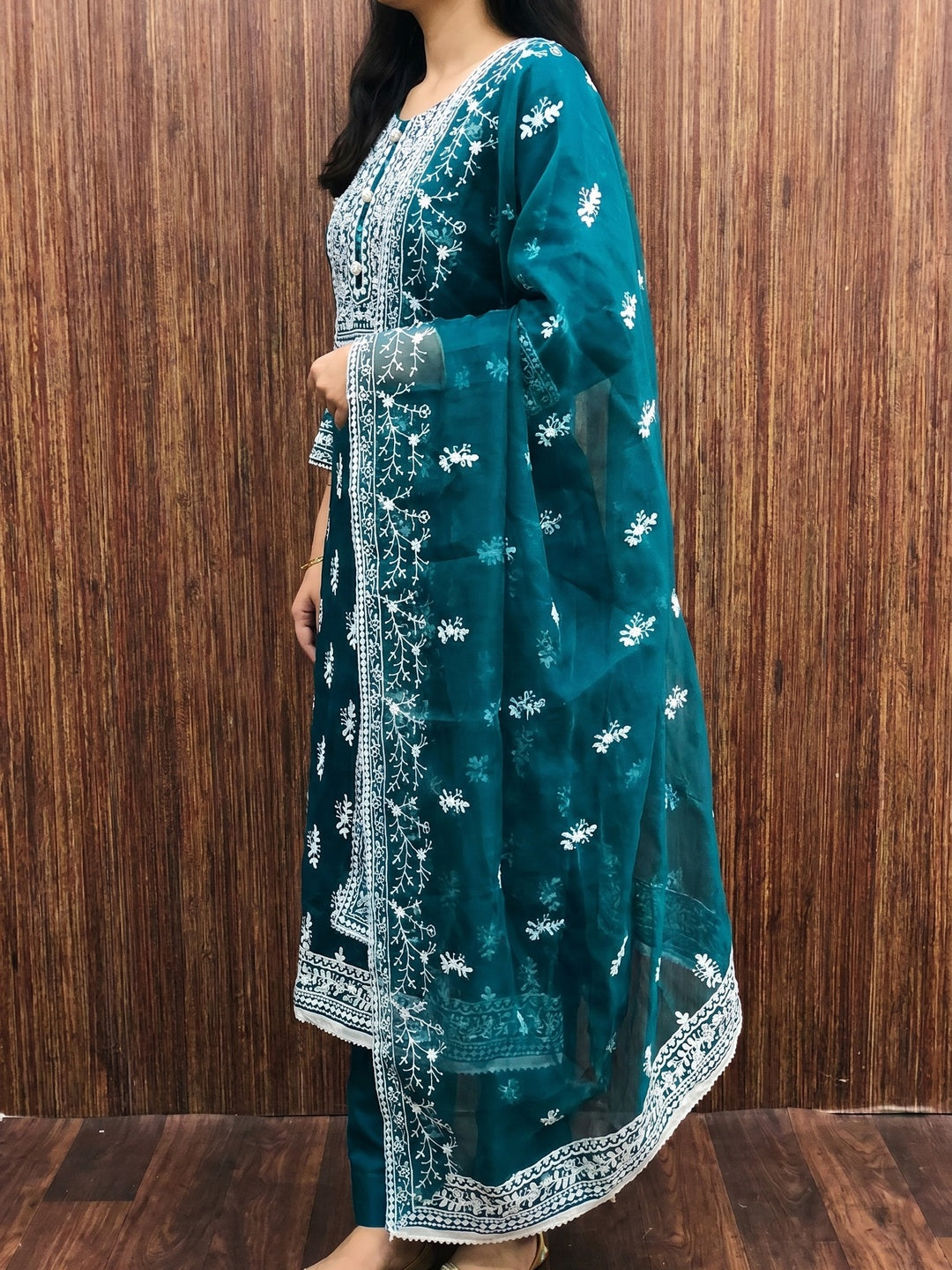 Teal Blue Floral Embroidered Organza Dress Material - Image 2