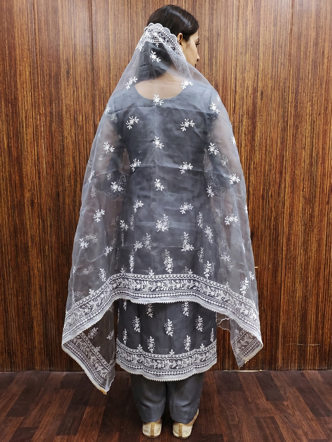 Grey Floral Embroidered Organza Dress Material - Image 2