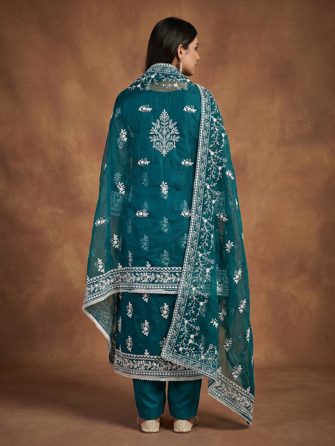 Teal Blue Floral Embroidered Organza Dress Material - Image 3