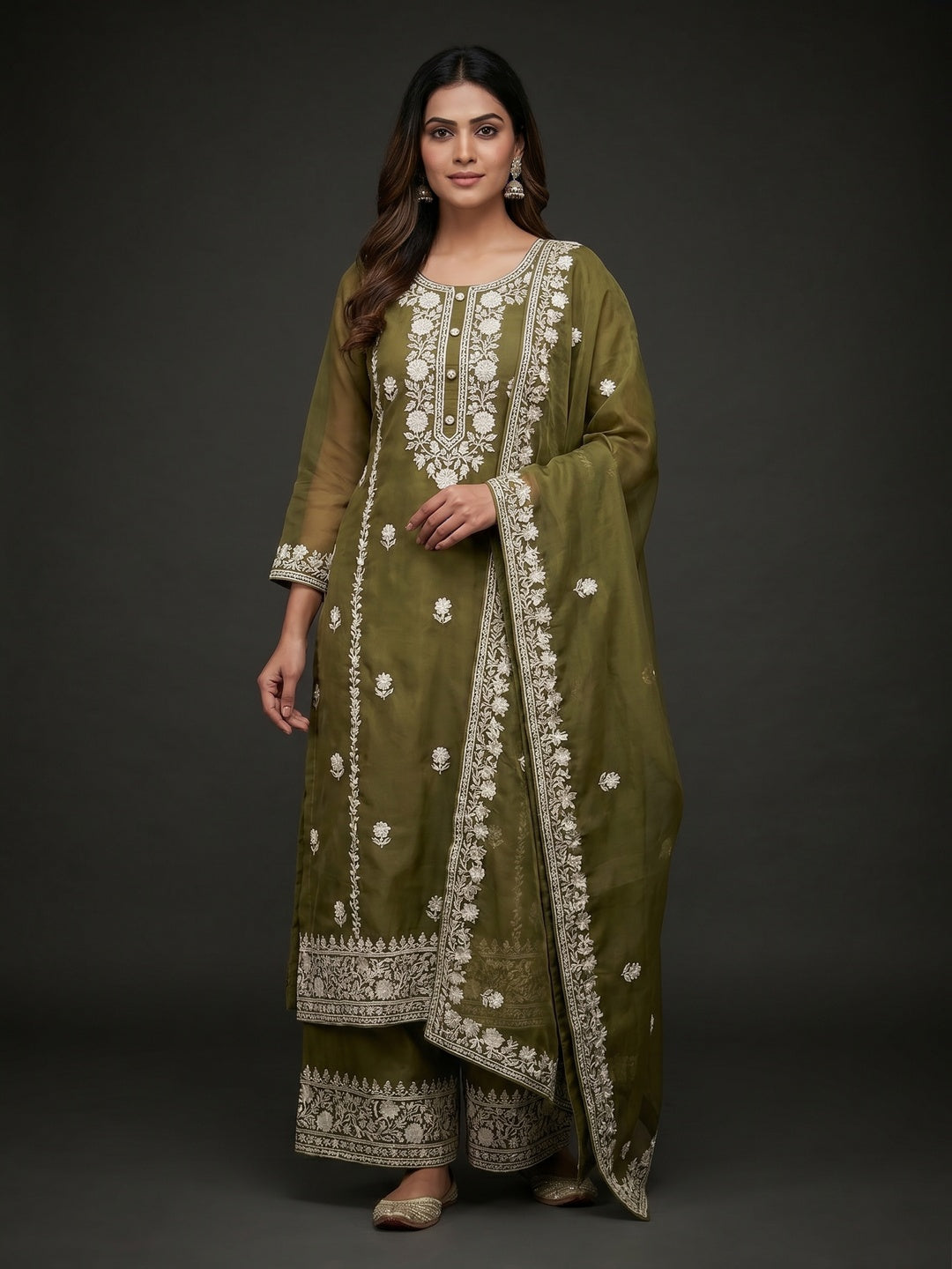 Mehendi Green Floral Embroidered Organza Dress Material - Image 1
