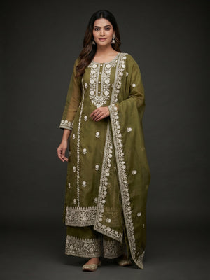 Mehendi Green Floral Embroidered Organza Dress Material - Image 1