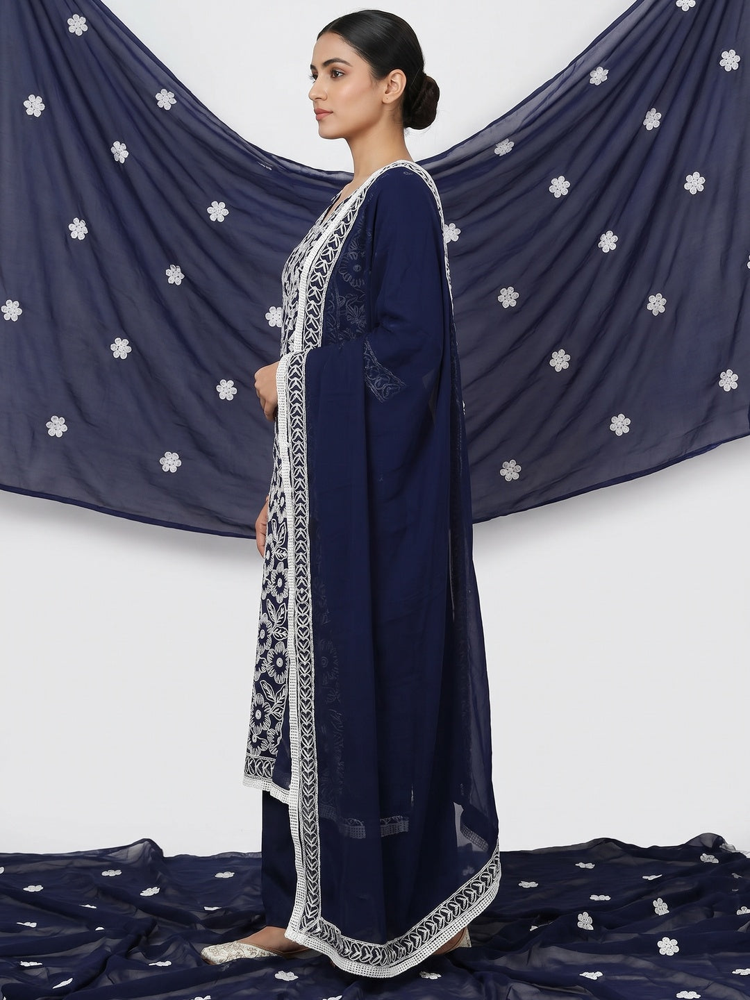 Navy Blue Floral Embroidered Georgette Dress Material - Image 3