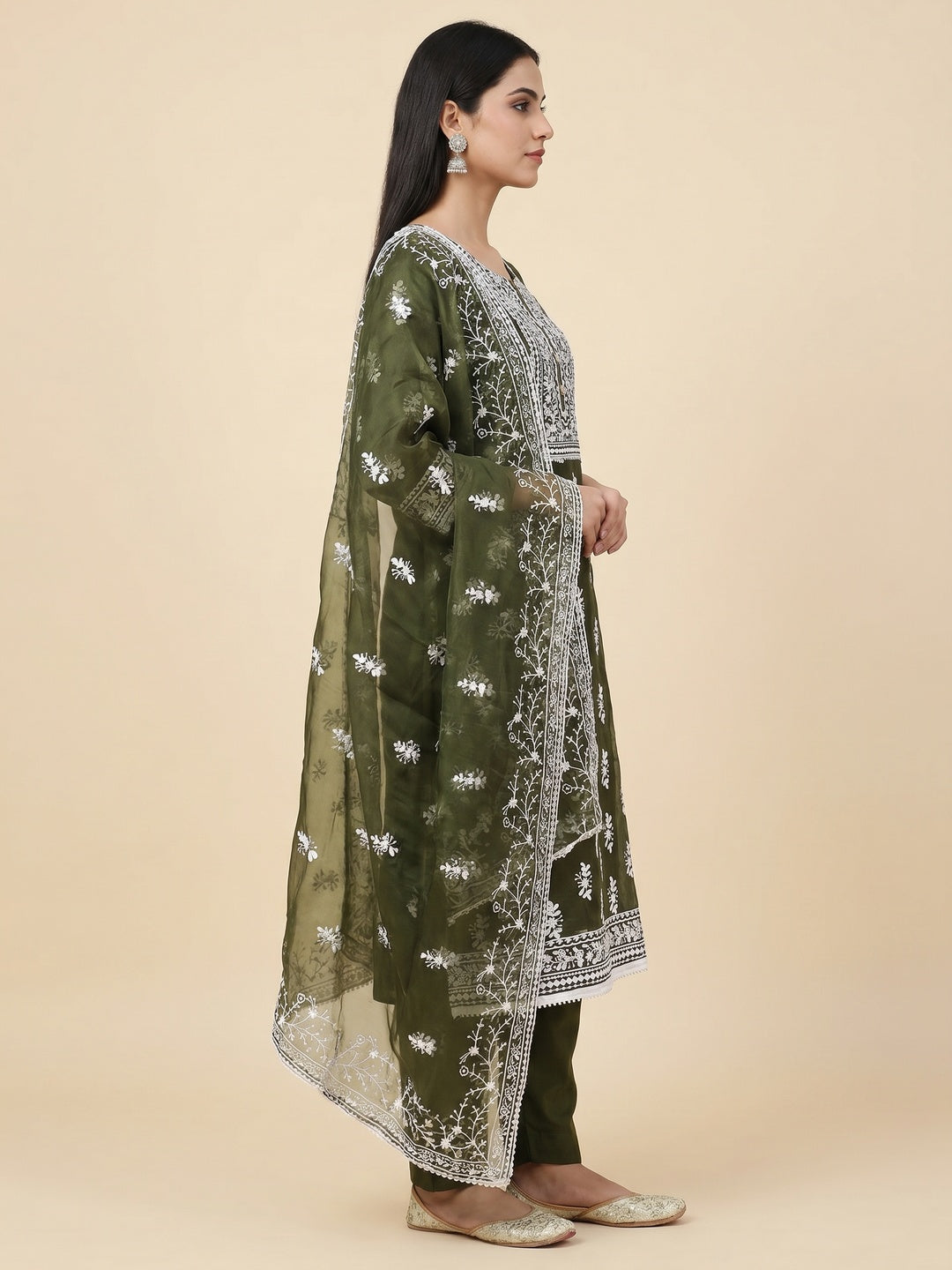 Mehendi Green Floral Embroidered Organza Dress Material - Image 3