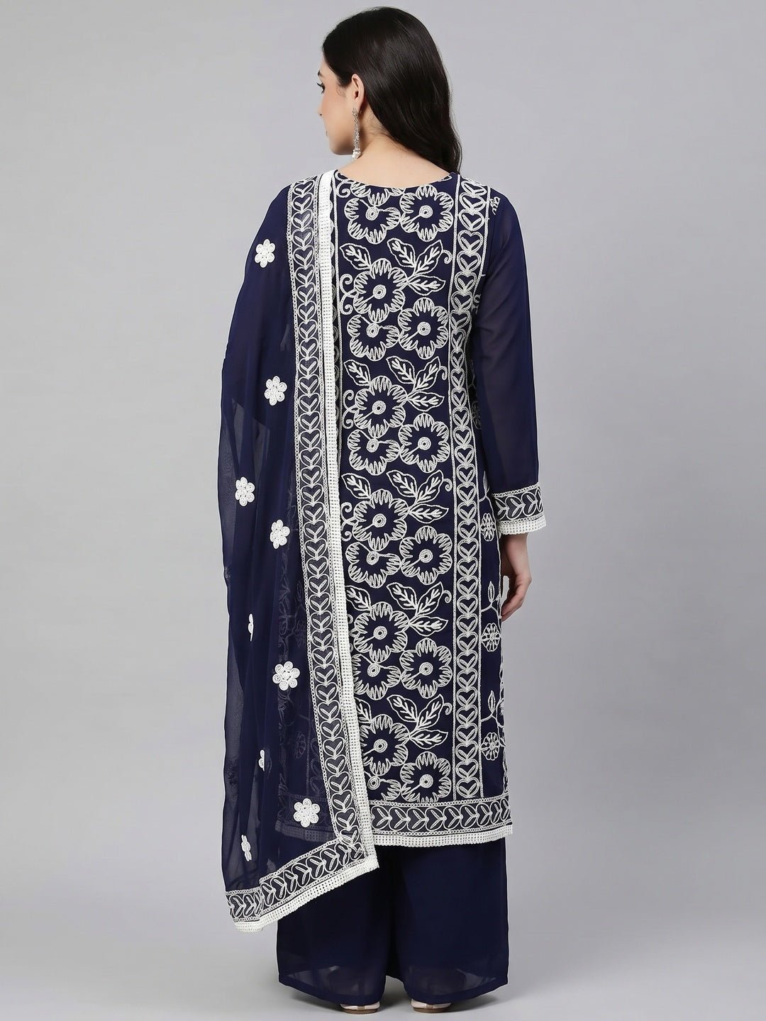 Navy Blue Floral Embroidered Georgette Dress Material - Image 2