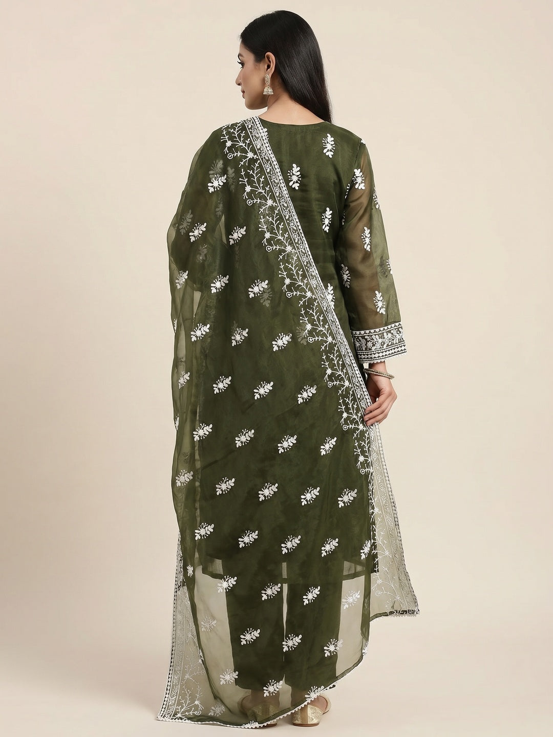 Mehendi Green Floral Embroidered Organza Dress Material - Image 4
