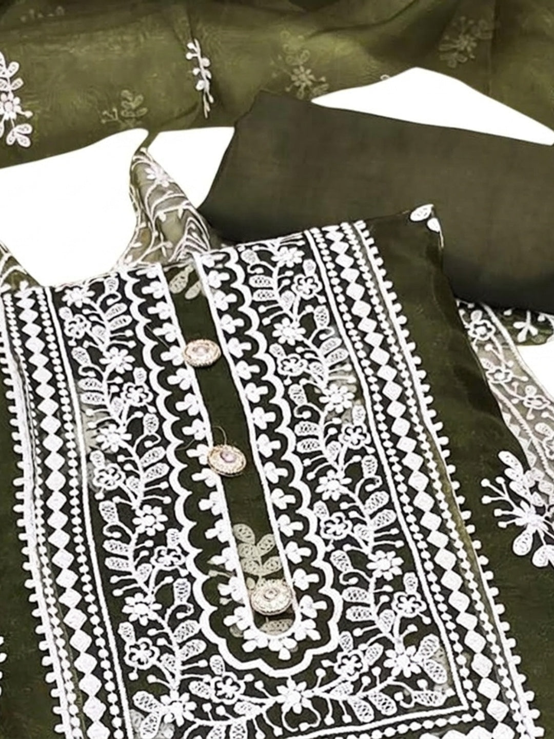 Mehendi Green Floral Embroidered Organza Dress Material - Image 2