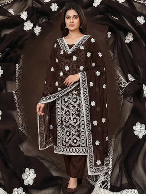 Coffee Brown Floral Embroidered Georgette Dress Material - Image 1