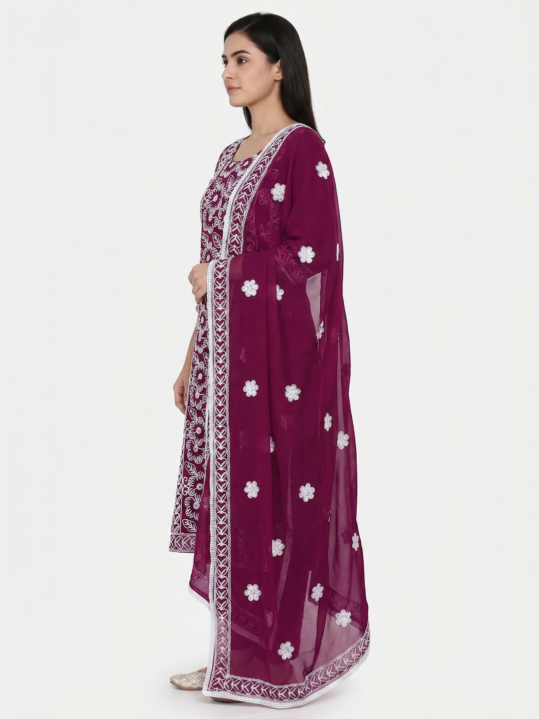 Wine Floral Embroidered Georgette Dress Material - Image 3