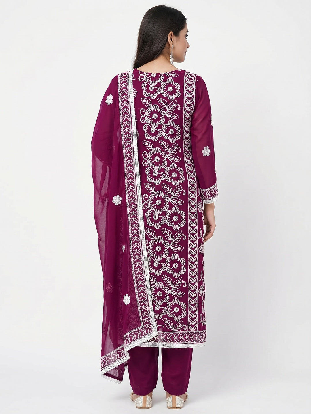 Wine Floral Embroidered Georgette Dress Material - Image 2