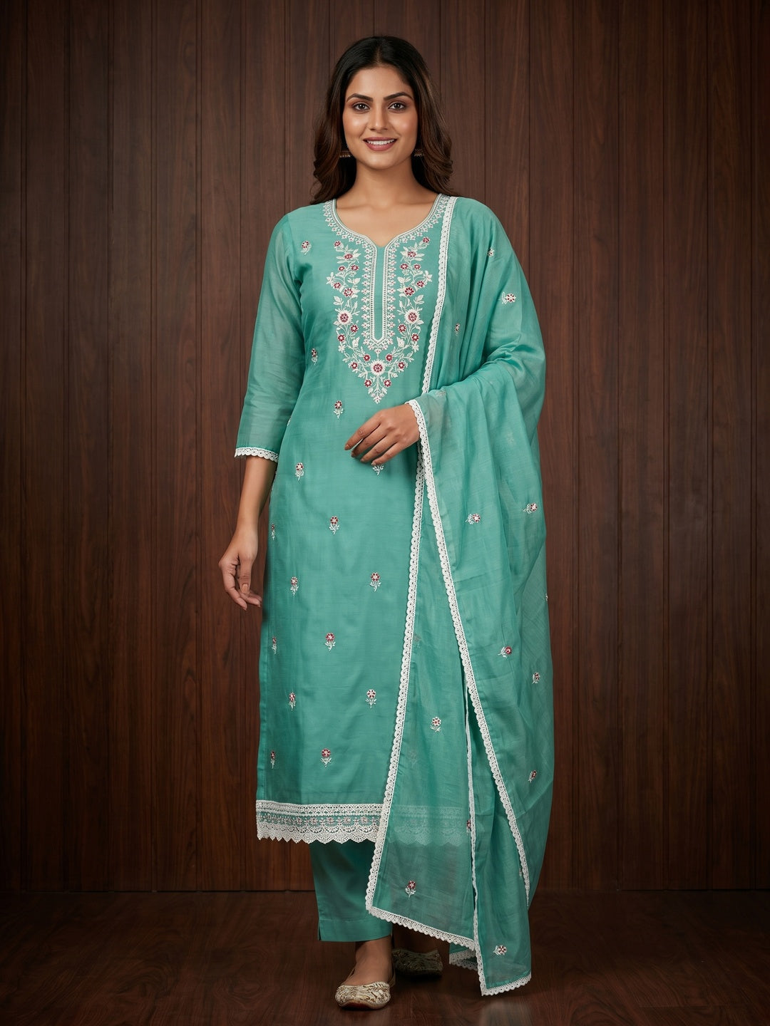 Sea Green Floral Embroidered Chanderi Dress Material - Image 1