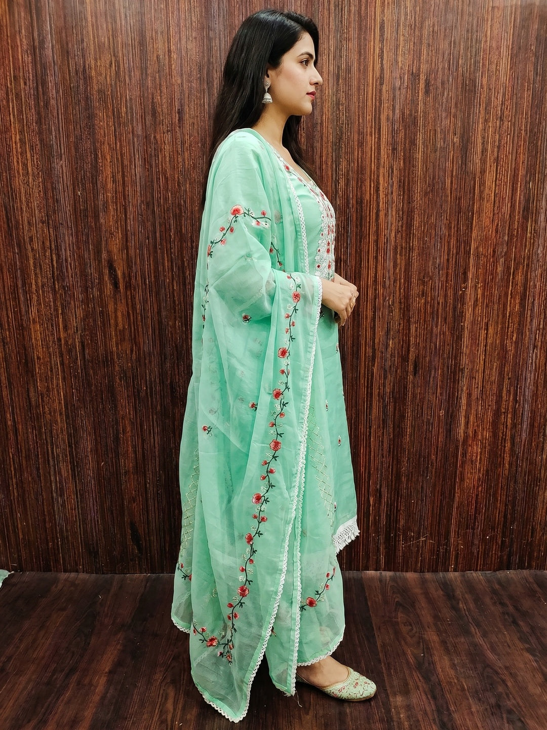 Sea Green Floral Embroidered Chanderi Dress Material - Image 2