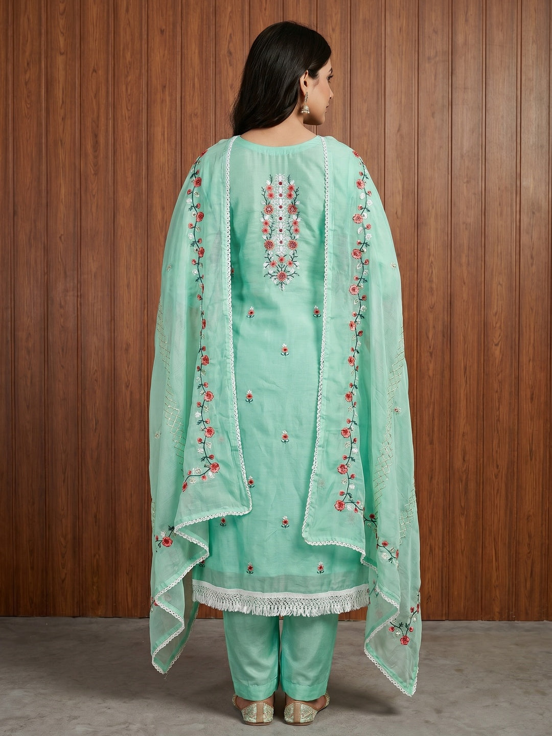 Sea Green Floral Embroidered Chanderi Dress Material - Image 3