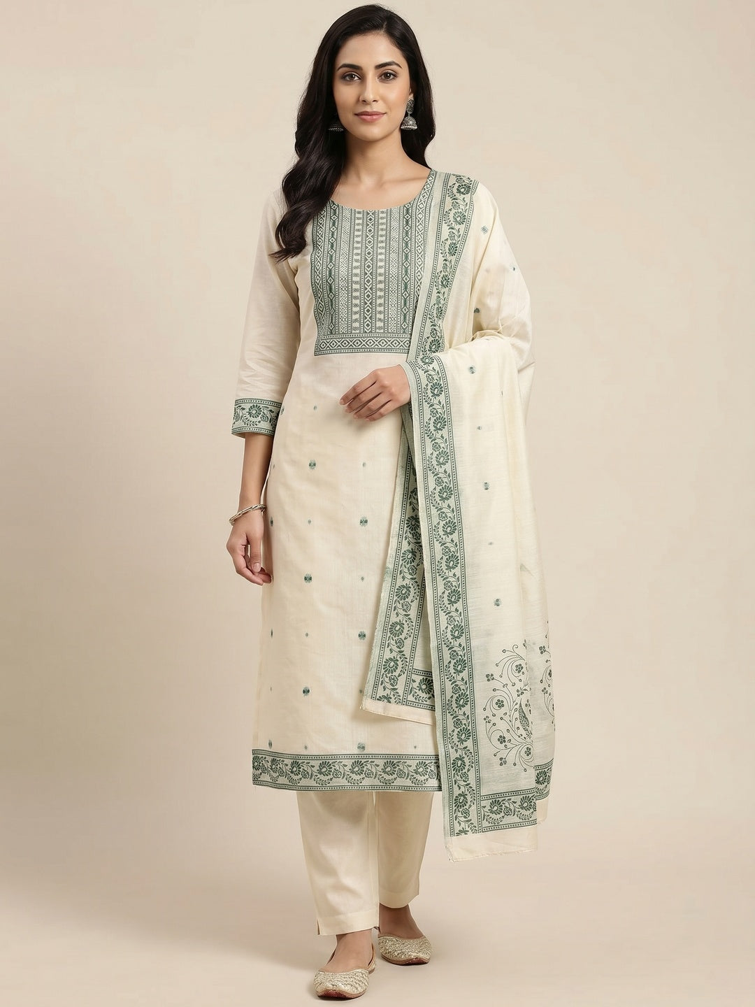 Cream & Green Floral Woven Pure Cotton Dress Material - Image 1