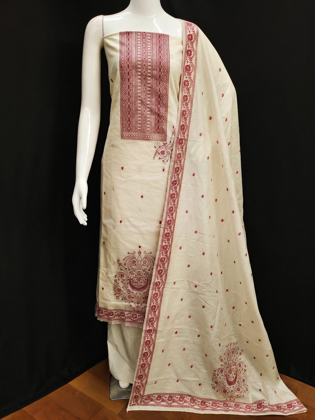 Cream & Maroon Floral Woven Pure Cotton Dress Material - Image 1