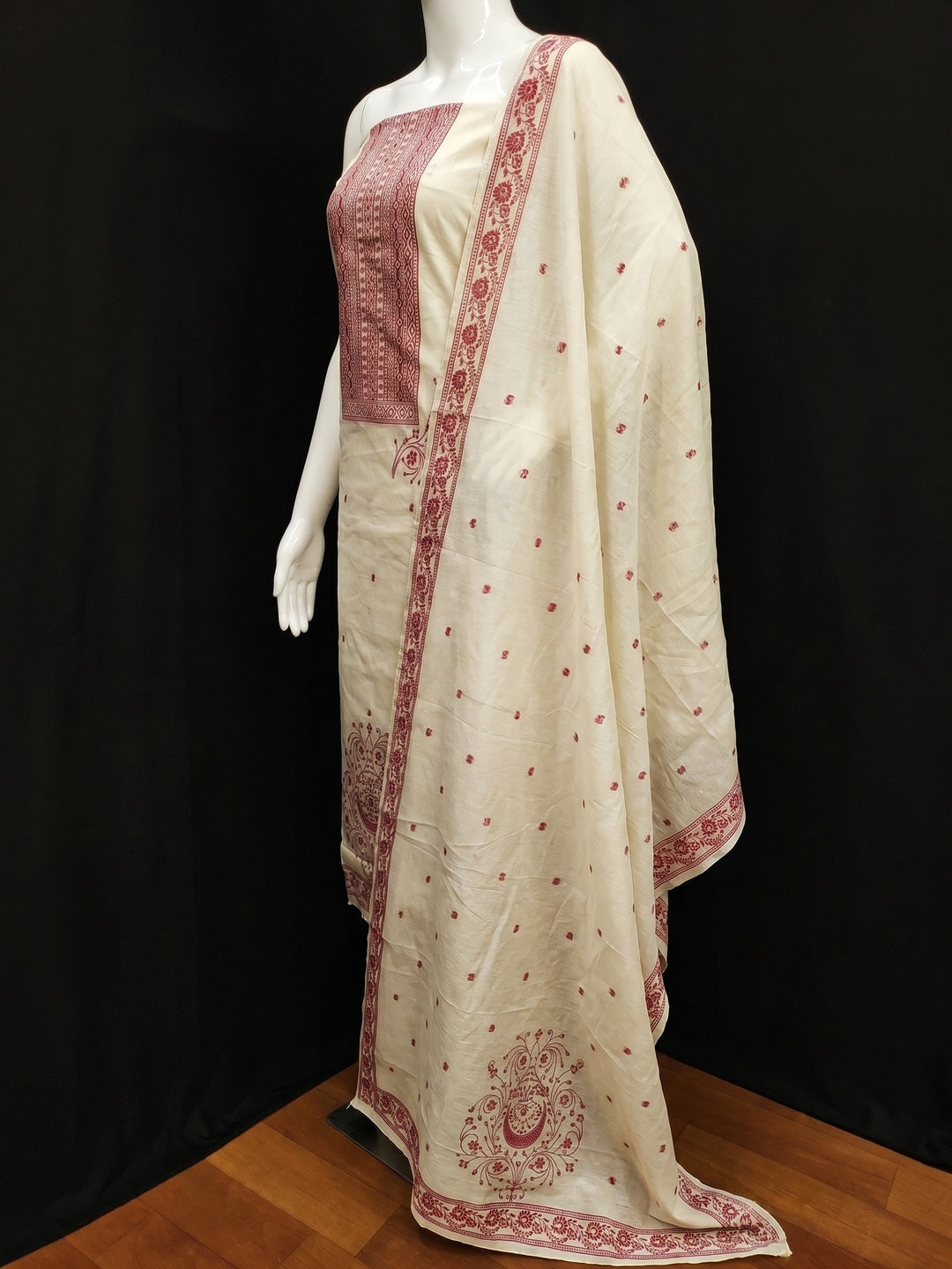 Cream & Maroon Floral Woven Pure Cotton Dress Material - Image 3