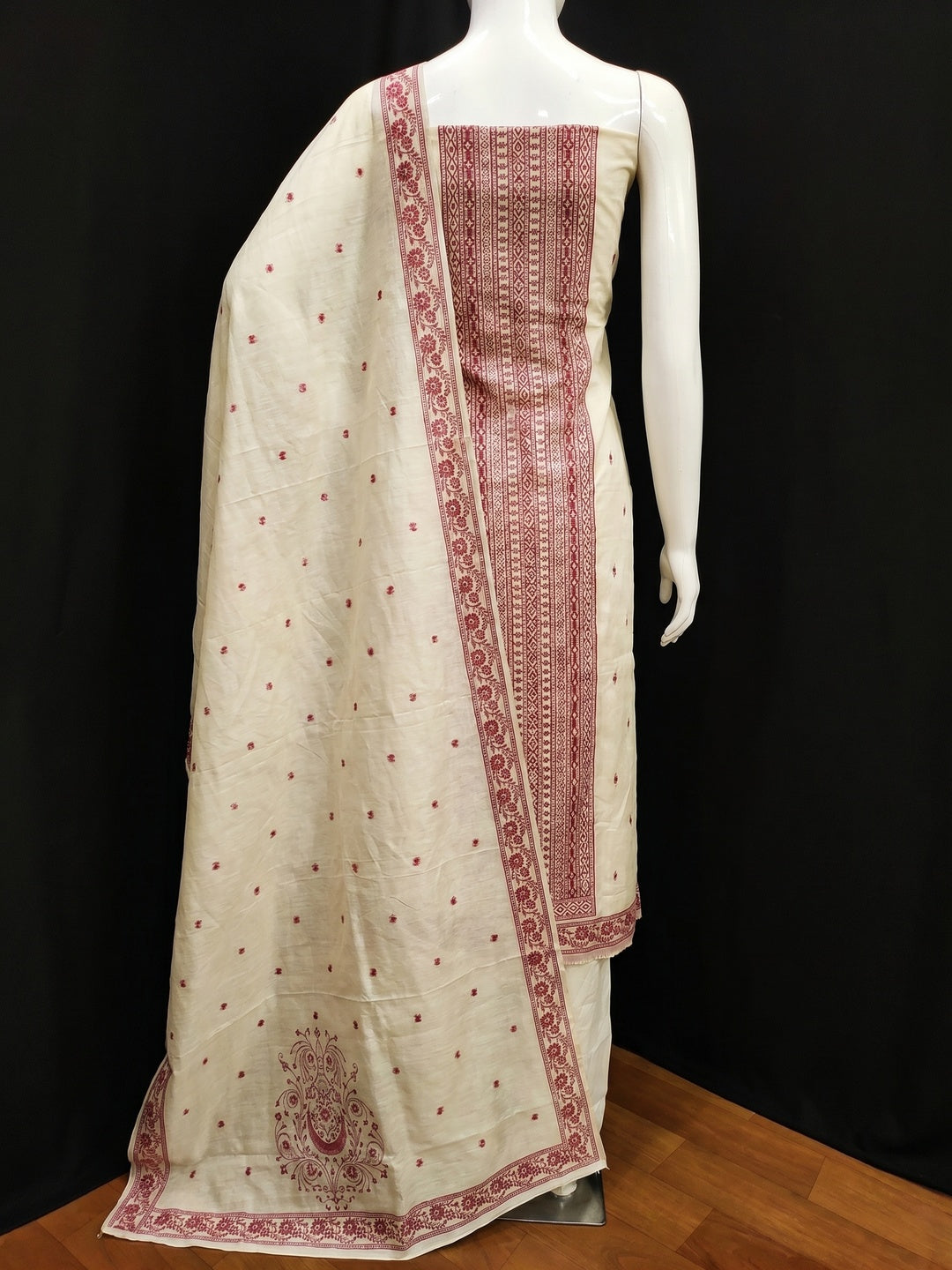 Cream & Maroon Floral Woven Pure Cotton Dress Material - Image 2